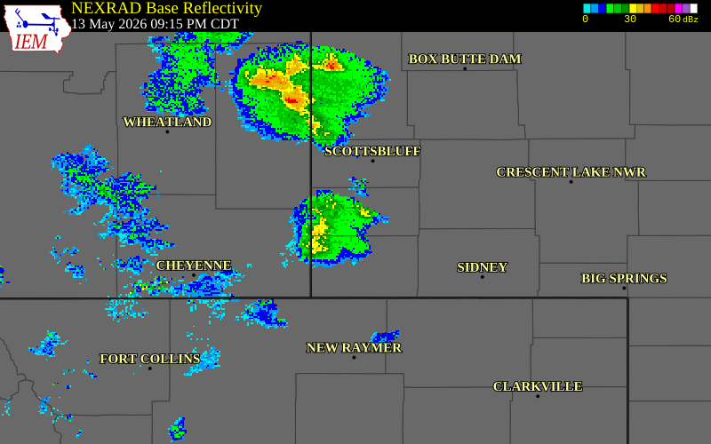 NEXRAD radar during the Wednesday, May 13, 2026 storm activity in Scotts Bluff County, Nebraska