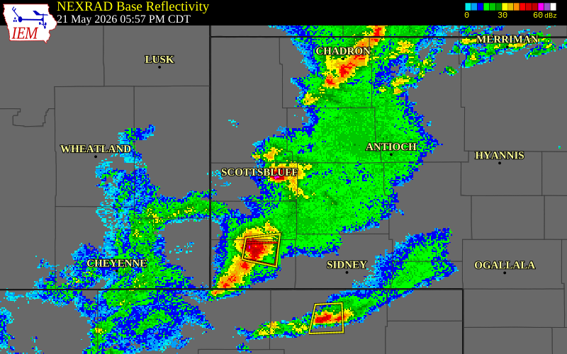 NEXRAD radar during the Thursday, May 21, 2026 storm activity in Scotts Bluff County, Nebraska