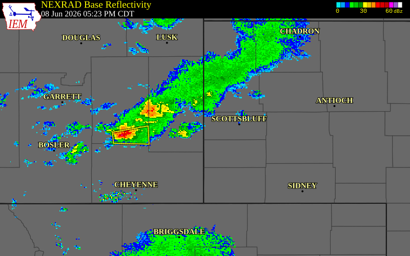 NEXRAD radar during the Monday, June 8, 2026 storm activity in Scotts Bluff County, Nebraska