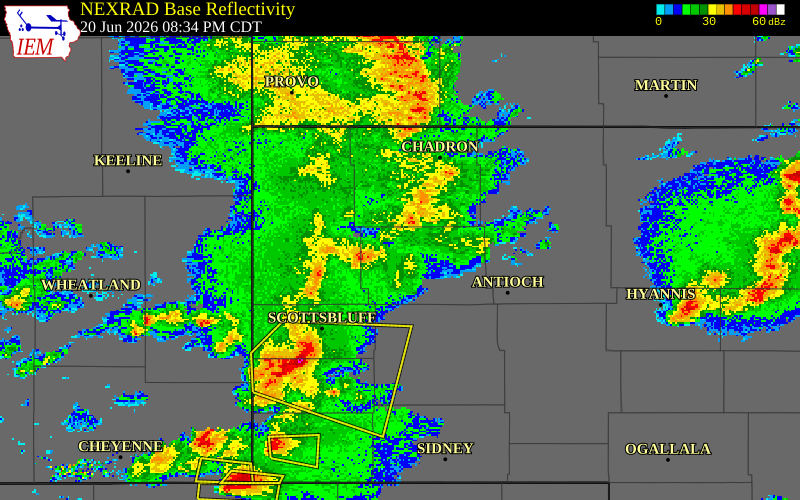NEXRAD radar during the Saturday, June 20, 2026 storm activity in Scotts Bluff County, Nebraska