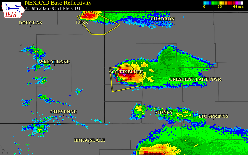 NEXRAD radar during the Monday, June 22, 2026 storm activity in Scotts Bluff County, Nebraska