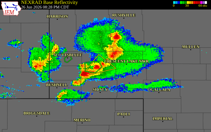 NEXRAD radar during the Friday, June 26, 2026 storm activity in Scotts Bluff County, Nebraska
