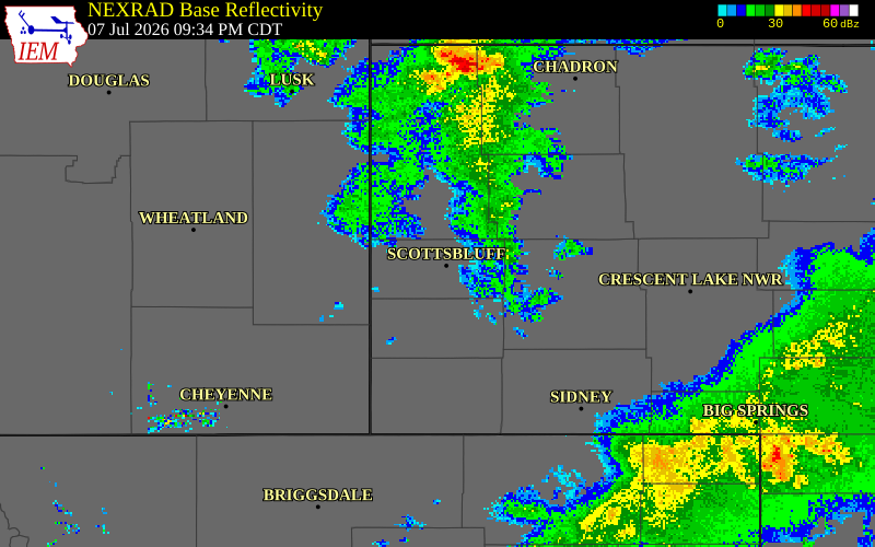 NEXRAD radar during the Tuesday, July 7, 2026 storm activity in Scotts Bluff County, Nebraska