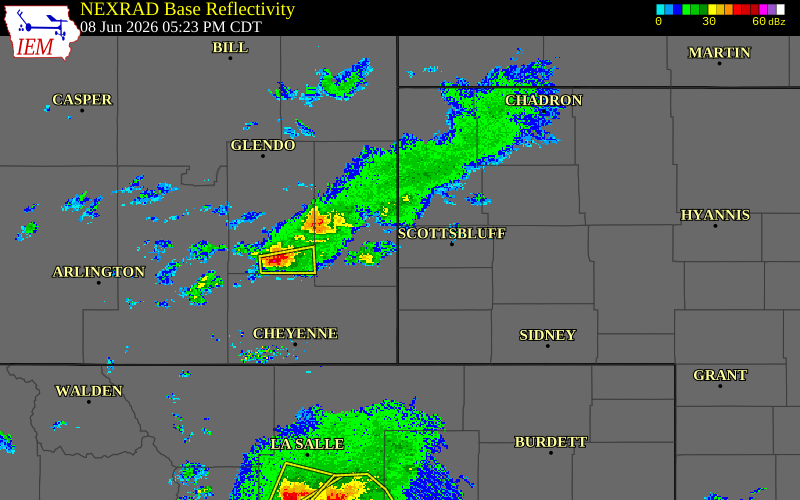 Radar snapshot during the Jun 8, 2026 tornado event near 6 S Lyman, Scotts Bluff County, Nebraska, with NWS warning polygons