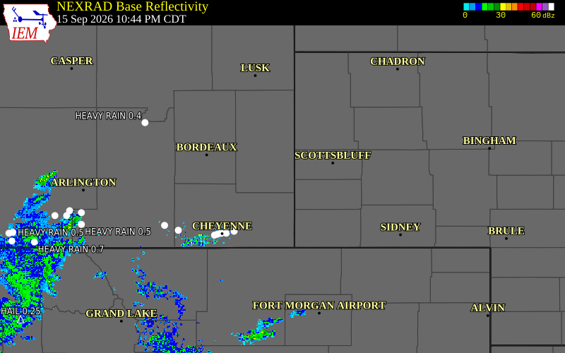 Current NEXRAD radar over Scotts Bluff County, Nebraska with recent storm report locations