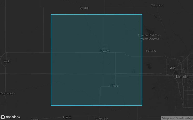 Map of Seward County, Nebraska showing the county boundary and surrounding cities