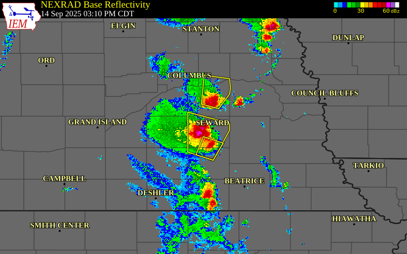 NEXRAD radar during the Sunday, September 14, 2025 storm activity in Seward County, Nebraska