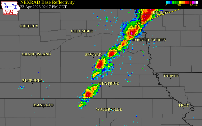 NEXRAD radar during the Thursday, April 23, 2026 storm activity in Seward County, Nebraska