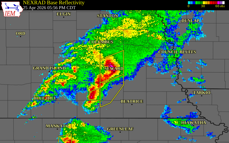 NEXRAD radar during the Saturday, April 25, 2026 storm activity in Seward County, Nebraska