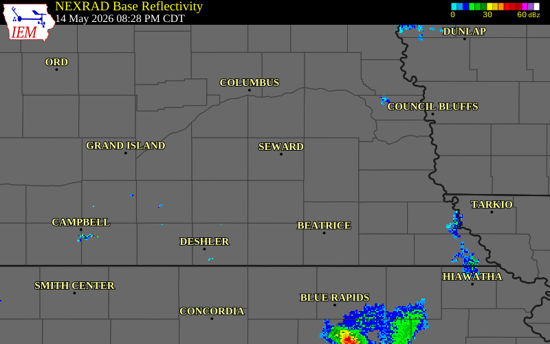 NEXRAD radar during the Thursday, May 14, 2026 storm activity in Seward County, Nebraska