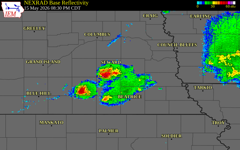 NEXRAD radar during the Friday, May 15, 2026 storm activity in Seward County, Nebraska