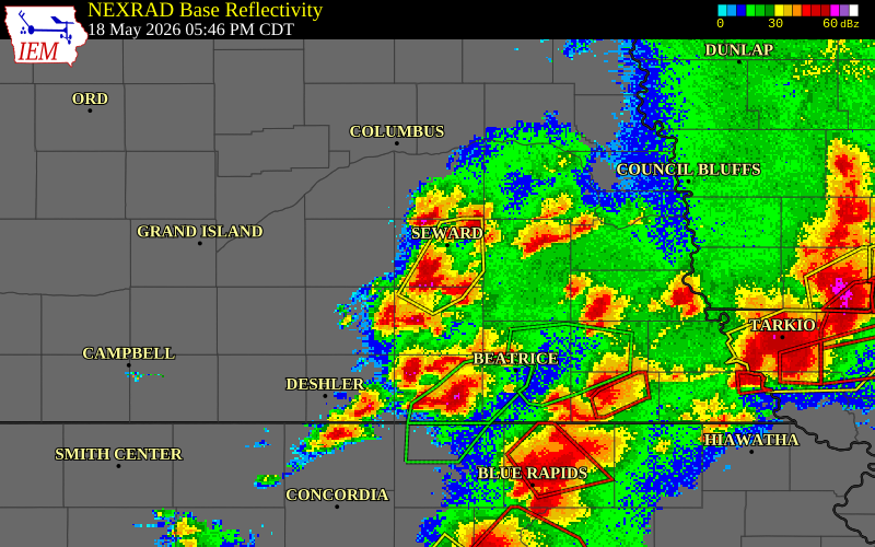 NEXRAD radar during the Monday, May 18, 2026 storm activity in Seward County, Nebraska