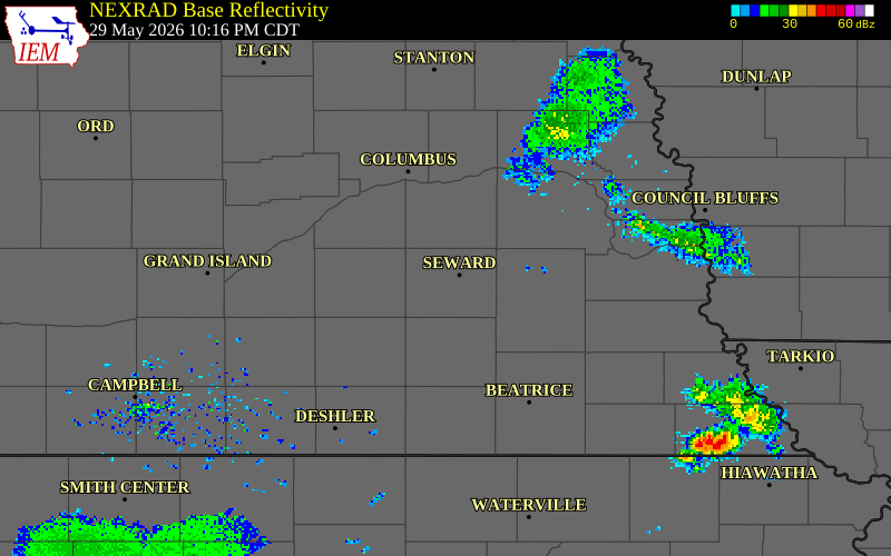 NEXRAD radar during the Friday, May 29, 2026 storm activity in Seward County, Nebraska