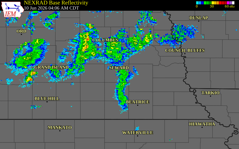 NEXRAD radar during the Wednesday, June 10, 2026 storm activity in Seward County, Nebraska