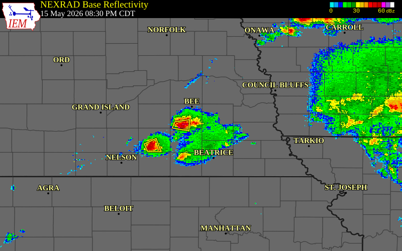 Radar snapshot during the May 15, 2026 hail event near 3 S Pleasant Dale, Seward County, Nebraska, with NWS warning polygons