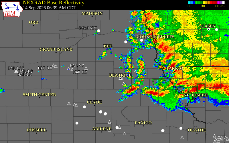 Current NEXRAD radar over Seward County, Nebraska with recent storm report locations