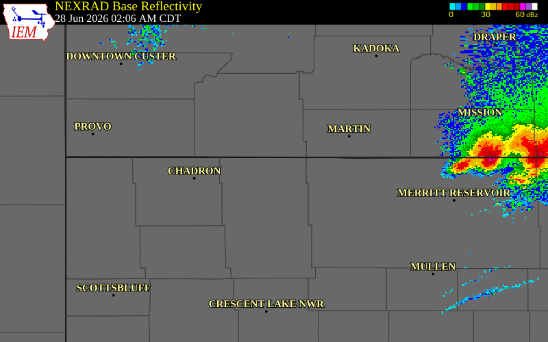 NEXRAD radar during the Sunday, June 28, 2026 storm activity in Sheridan County, Nebraska