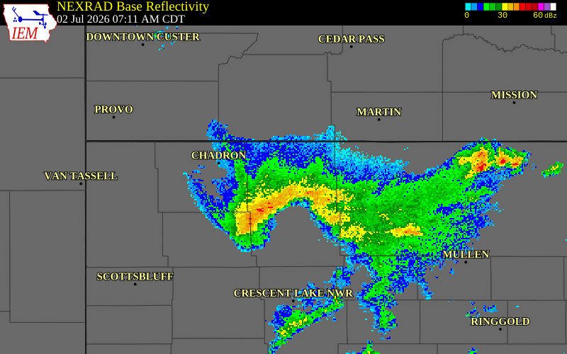 NEXRAD radar during the Thursday, July 2, 2026 storm activity in Sheridan County, Nebraska