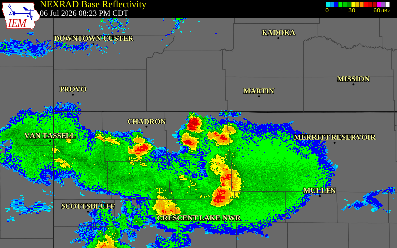 NEXRAD radar during the Monday, July 6, 2026 storm activity in Sheridan County, Nebraska