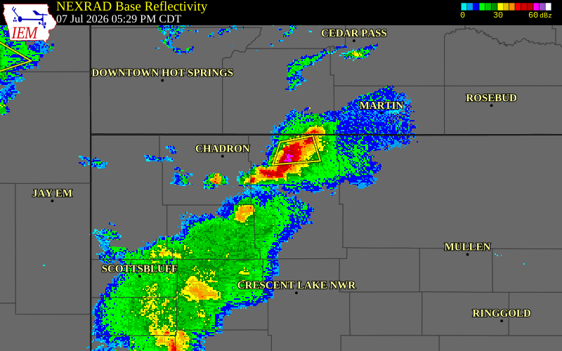 NEXRAD radar during the Tuesday, July 7, 2026 storm activity in Sheridan County, Nebraska
