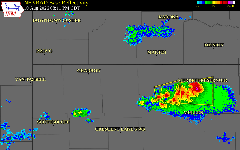 NEXRAD radar during the Monday, August 10, 2026 storm activity in Sheridan County, Nebraska