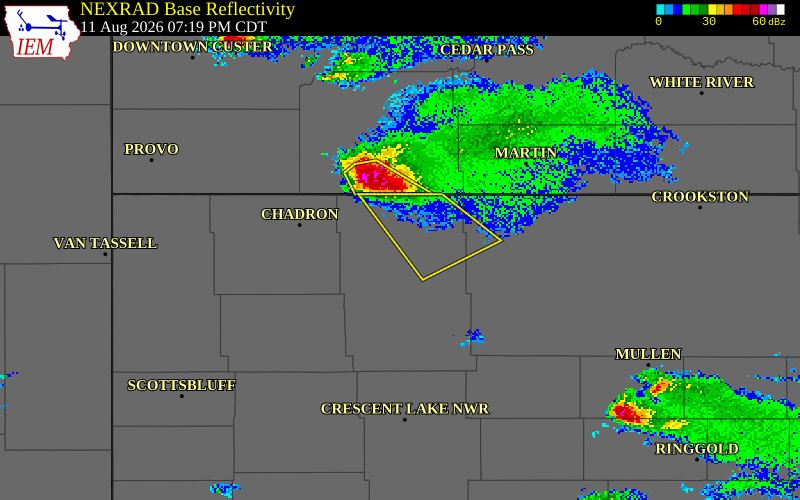 NEXRAD radar during the Tuesday, August 11, 2026 storm activity in Sheridan County, Nebraska