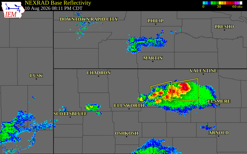 Radar snapshot during the Aug 10, 2026 hail event near 5 NW Clinton, Sheridan County, Nebraska, with NWS warning polygons