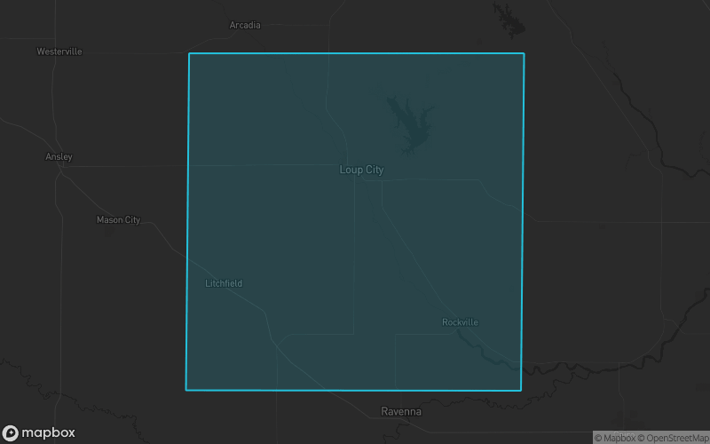 Map of Sherman County, Nebraska showing the county boundary and surrounding cities
