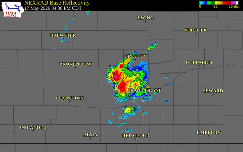 NEXRAD radar during the Sunday, May 17, 2026 storm activity in Sherman County, Nebraska