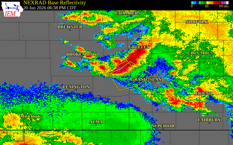 NEXRAD radar during the Saturday, June 20, 2026 storm activity in Sherman County, Nebraska