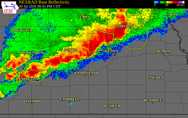 NEXRAD radar during the Thursday, July 30, 2026 storm activity in Sherman County, Nebraska