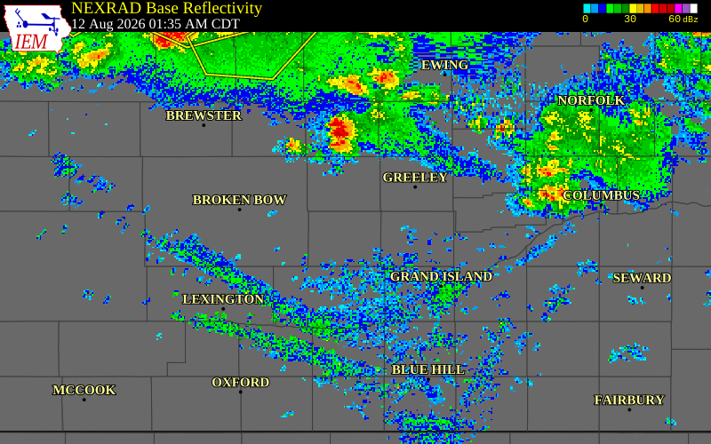 NEXRAD radar during the Wednesday, August 12, 2026 storm activity in Sherman County, Nebraska
