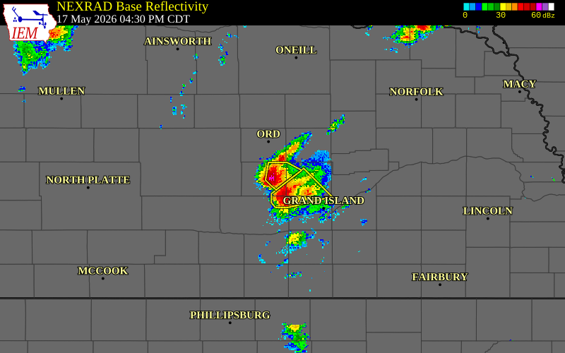 Radar snapshot during the May 17, 2026 hail event near Ashton, Sherman County, Nebraska, with NWS warning polygons