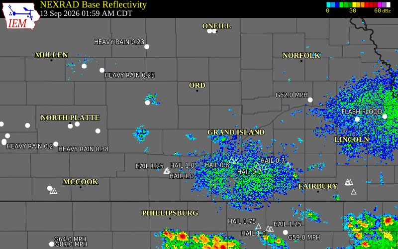 Current NEXRAD radar over Sherman County, Nebraska with recent storm report locations