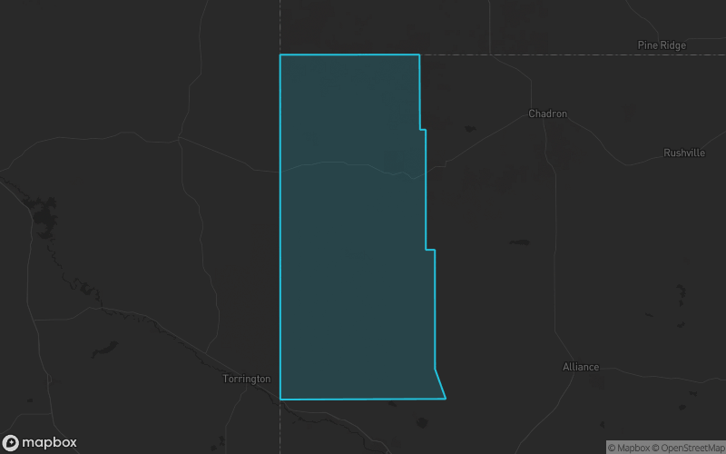 Map of Sioux County, Nebraska showing the county boundary and surrounding cities