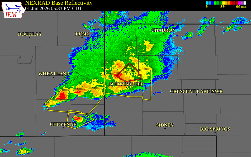 NEXRAD radar during the Monday, June 1, 2026 storm activity in Sioux County, Nebraska