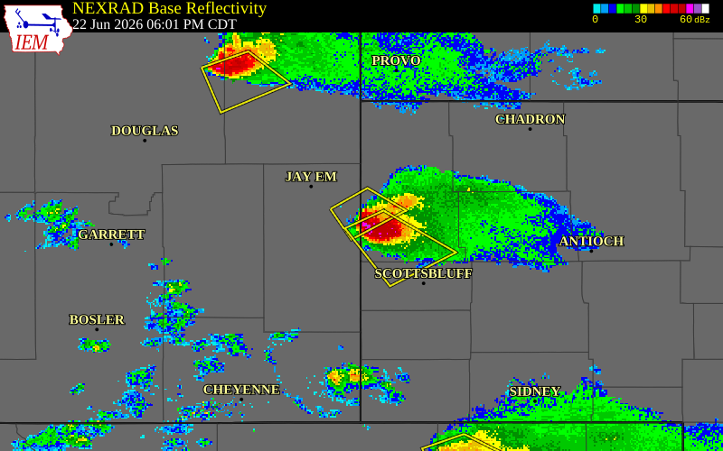 NEXRAD radar during the Monday, June 22, 2026 storm activity in Sioux County, Nebraska