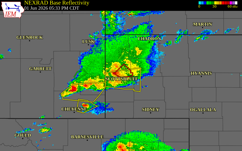 Radar snapshot during the Jun 1, 2026 tornado event near 9 NE Mitchell, Sioux County, Nebraska, with NWS warning polygons