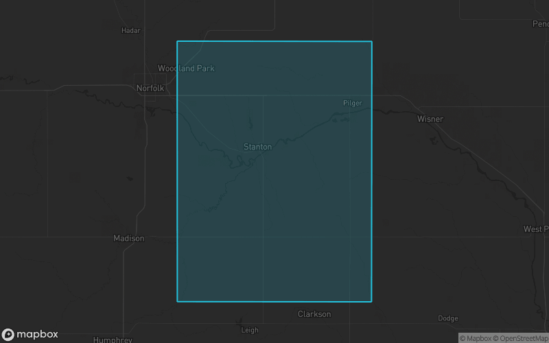 Map of Stanton County, Nebraska showing the county boundary and surrounding cities