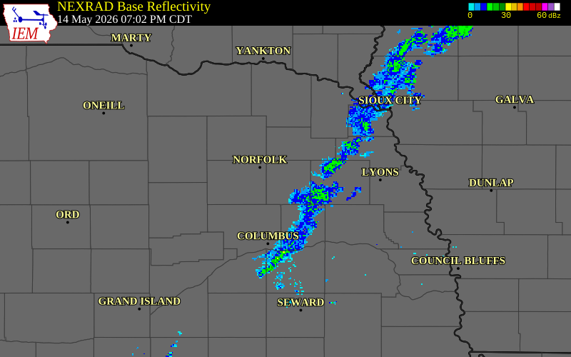 NEXRAD radar during the Thursday, May 14, 2026 storm activity in Stanton County, Nebraska