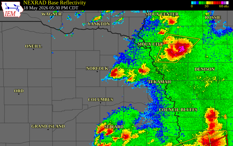 NEXRAD radar during the Monday, May 18, 2026 storm activity in Stanton County, Nebraska