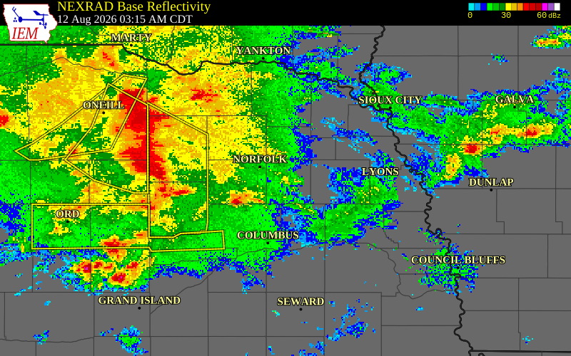 NEXRAD radar during the Wednesday, August 12, 2026 storm activity in Stanton County, Nebraska