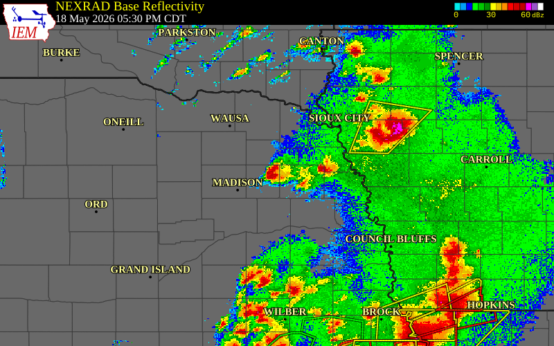 Radar snapshot during the May 18, 2026 hail event near Pilger, Stanton County, Nebraska, with NWS warning polygons