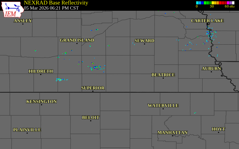 NEXRAD radar during the Thursday, March 5, 2026 storm activity in Thayer County, Nebraska