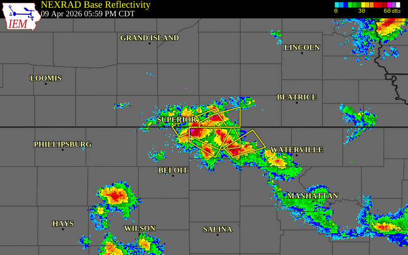 NEXRAD radar during the Thursday, April 9, 2026 storm activity in Thayer County, Nebraska