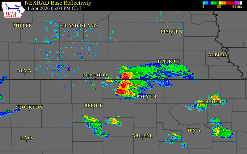 NEXRAD radar during the Saturday, April 11, 2026 storm activity in Thayer County, Nebraska