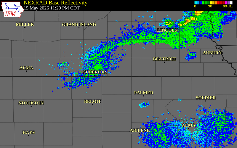 NEXRAD radar during the Friday, May 15, 2026 storm activity in Thayer County, Nebraska