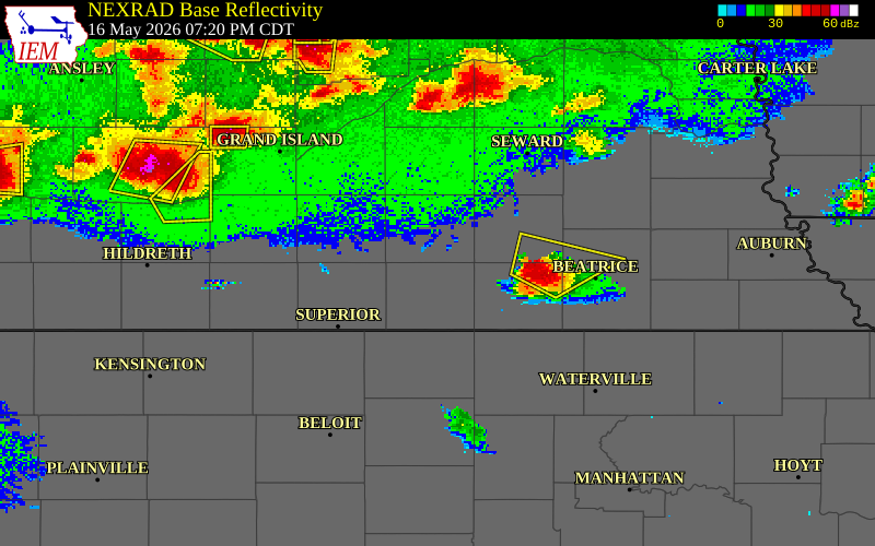 NEXRAD radar during the Saturday, May 16, 2026 storm activity in Thayer County, Nebraska