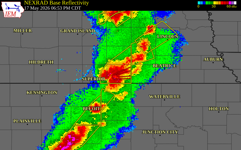 NEXRAD radar during the Sunday, May 17, 2026 storm activity in Thayer County, Nebraska