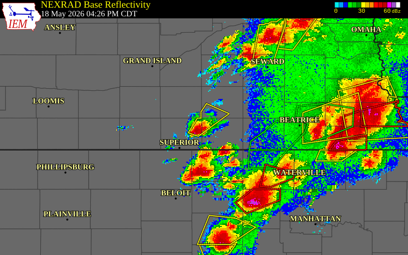 NEXRAD radar during the Monday, May 18, 2026 storm activity in Thayer County, Nebraska